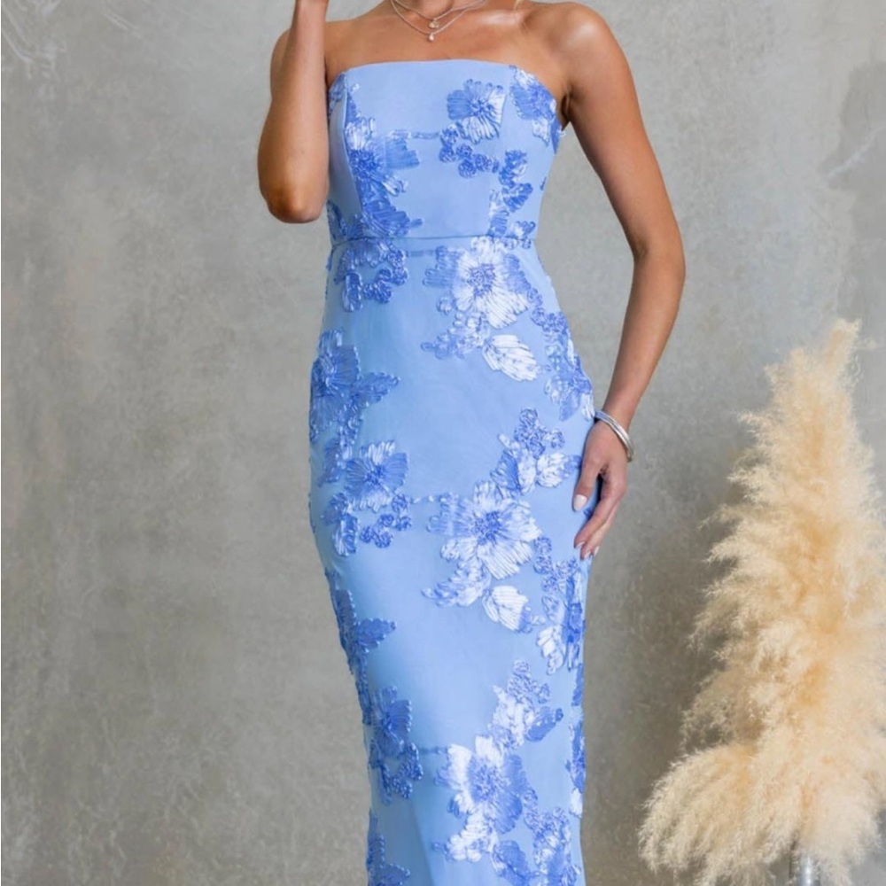 Strapless Light Blue Floral Embroidered Evening Dress